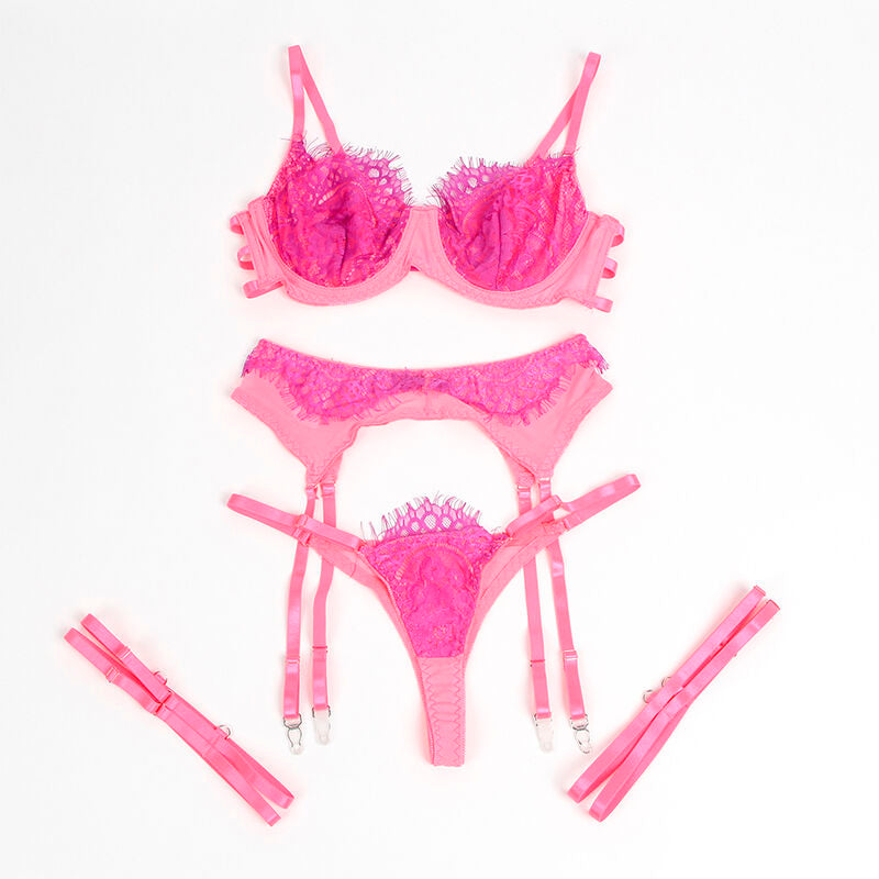 SUBBLIME - 955366 BRA SET WITH LACE AND GARTER LINES PINK AND PURPLE L/XL